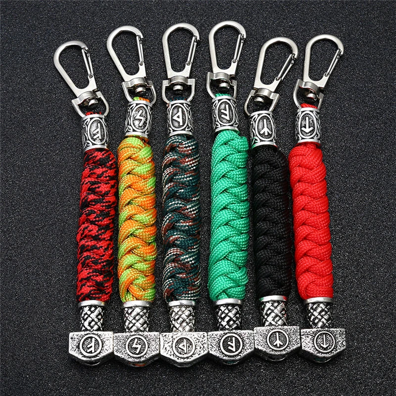 dropshipping Norse Vikings Rune mjolnir Keychain Outdoor Survival Braided rope viking scandinavian Jewelry Car Keyring Men gifts