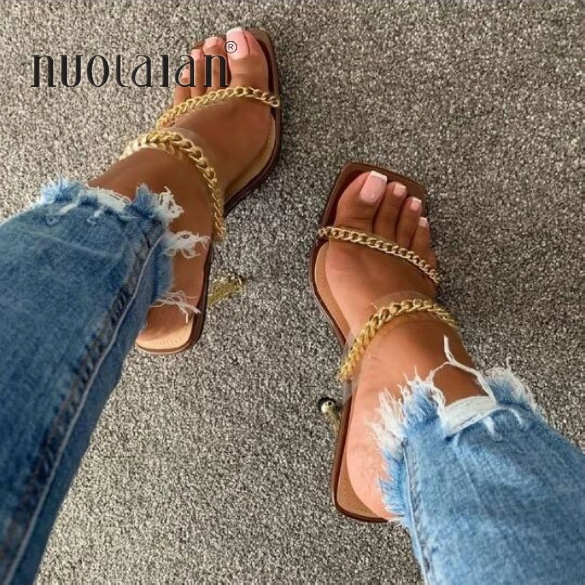 Summer Pumps Fashion Chain Slippers Sandals Shoes Women Thin High Heels Slip On Square Toe Slides Sandal Lady Pump Shoes Mules