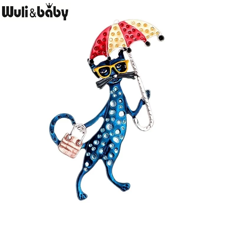 Wuli&baby Sexy Taking Bag And Umbrella Cat Brooches For Women 3-color Casual Office Brooch Pins Gifts