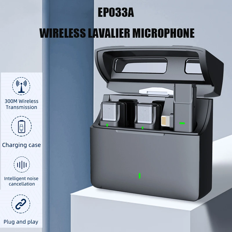 EP033A Wireless lavalier microphone with Charging compartment 300m Range Recording Vlog Youtube Live for iPhone Android