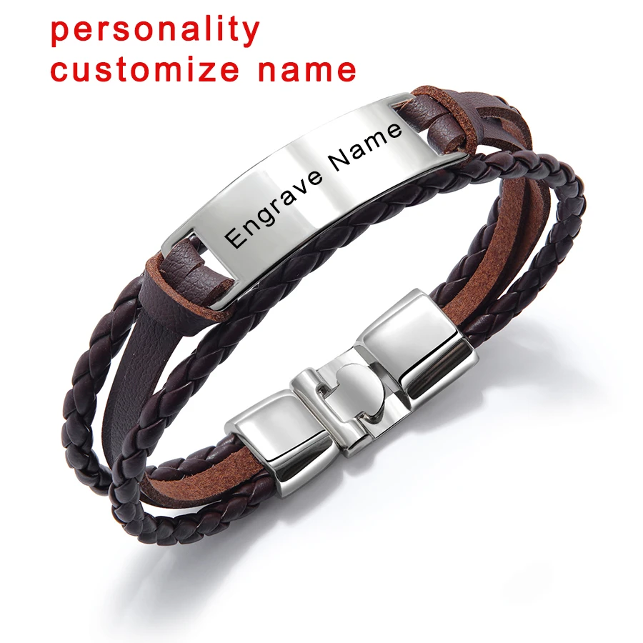 Luxury Brand Custom Logo Name Engrave Leather Bangle & Bracelet Women Handmade life-saving Men Rope Id Bracelets