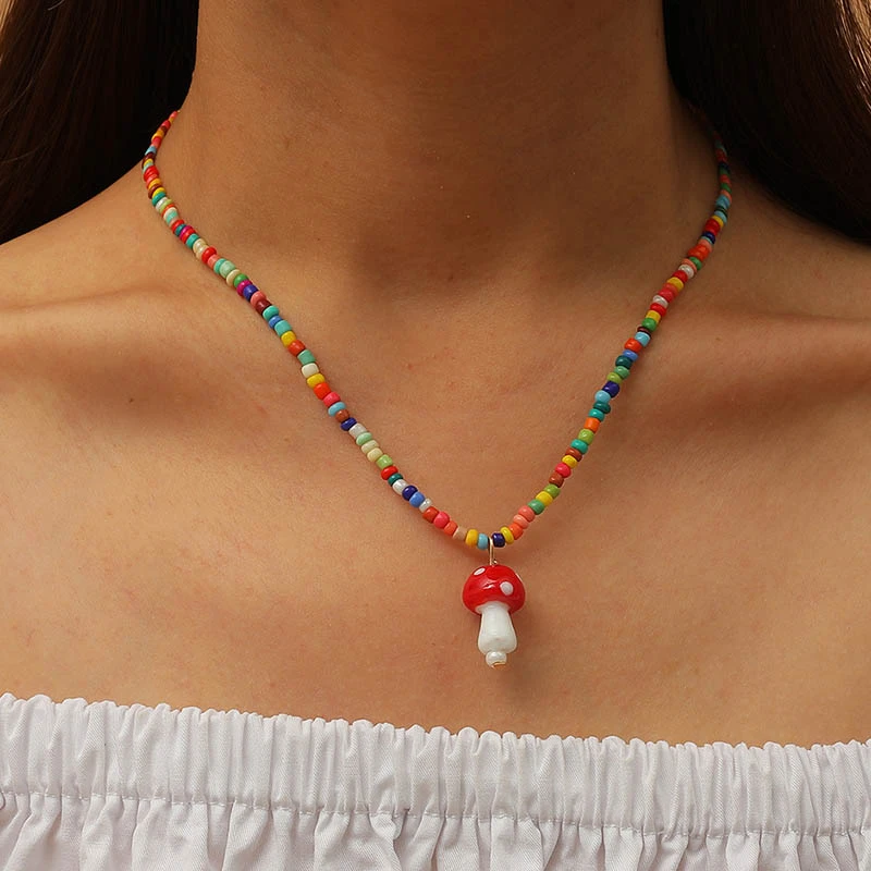 Bohemian Women's Multicolor Beads Handmade Necklaces For Women Boho Fashion Glass Mushroom Pendant Necklace Ladies Jewelry Gift