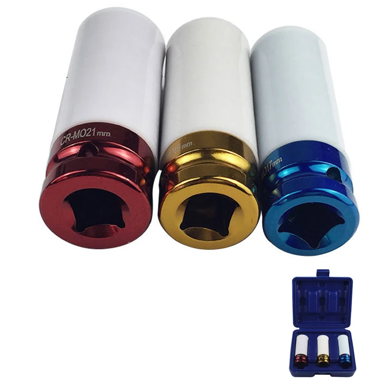 3Pcs 17 19 21mm Colorful Sleeve Tire Protection Sleeve Wall Deep Impact Nut Socket Alloy Wheel