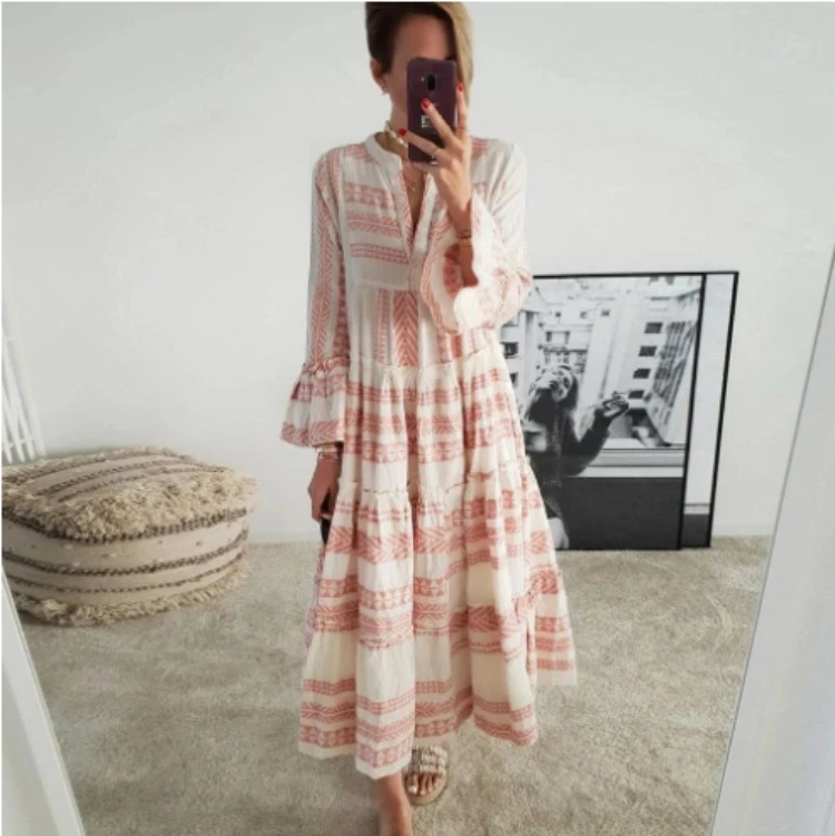 Fashion Geometric Print Dress Women Flare Sleeve V-neck Dress for Beach Vacation Casual Loose Ladies Ruffles Flared A-Line Dress