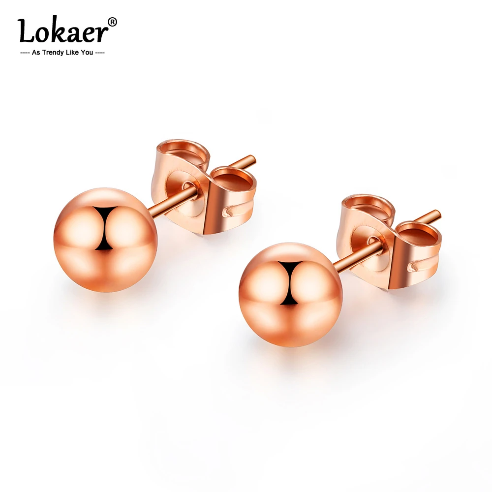 Lokaer Top Quality Rose Gold Color Stainless Steel Romantic Stud Earrings Sweet Cute Round Beads Earring Jewelry For Girl E18115