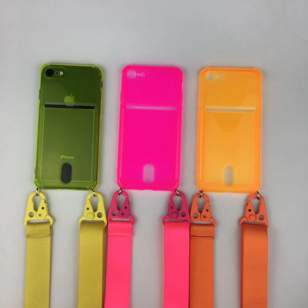 Crossbody Fluorescent Color Wallet Insert Card Necklace Phone Case With Lanyard Strap Rope For iPhone 11 Pro Xs Max X 6 7 8 Plus