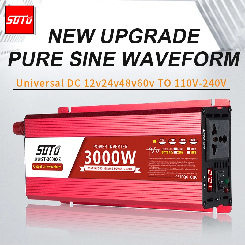 Pure Sine Waveform Universal Inverter DC 12V24V48V60V to 110V-240V LCD Screen Inverter 1600W/2200W/3000W PowerConverter 50/60HZ