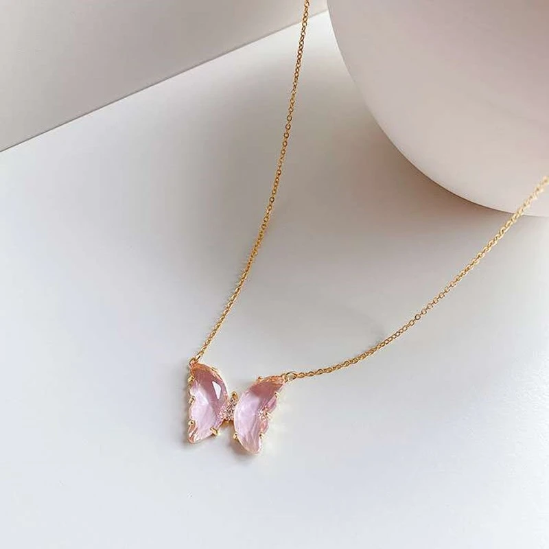 2020 Fashion New Gold Plated Crystal Butterfly Necklaces Charm Jewelry Pink Purple Butterfly Pendant Necklace For Women Gift