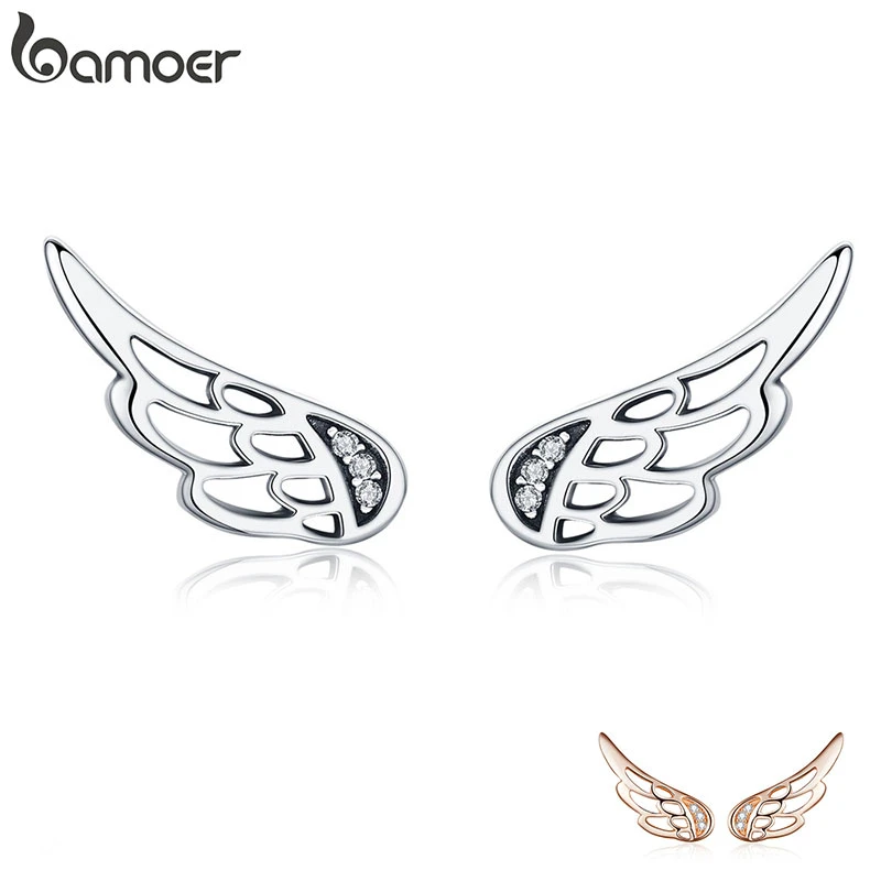 BAMOER Genuine 925 Sterling Silver  Feather Fairy Wings Stud Earrings Silver for Women Fashion Silver Jewelry Christmas SCE343