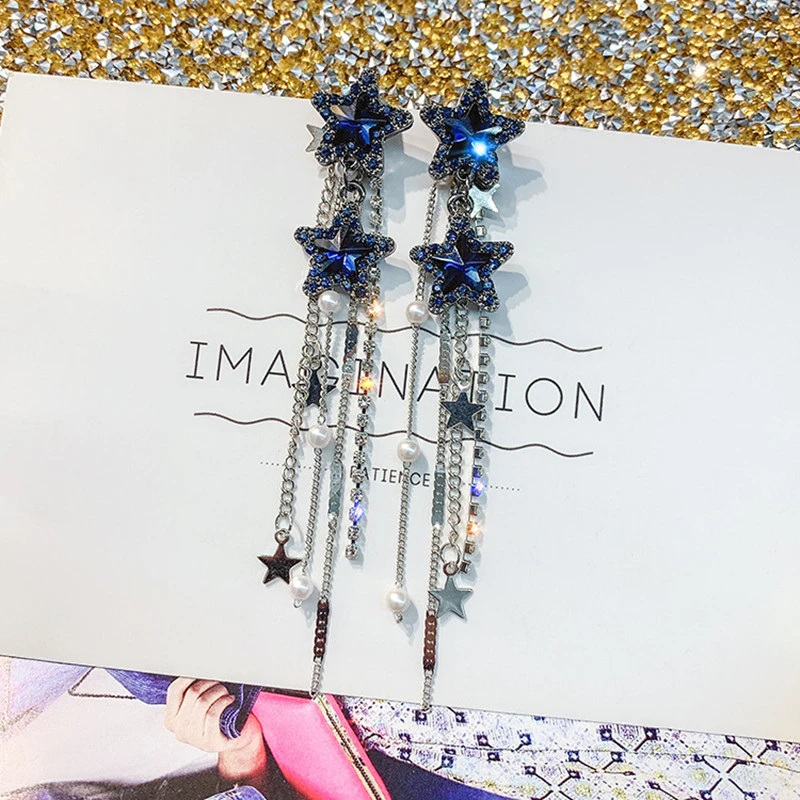 FYUAN Korean Style Shiny Star Drop Earrings for Women New Bijoux Long Tassel Blue Crystal Dangle Earrings Jewelry Accessories