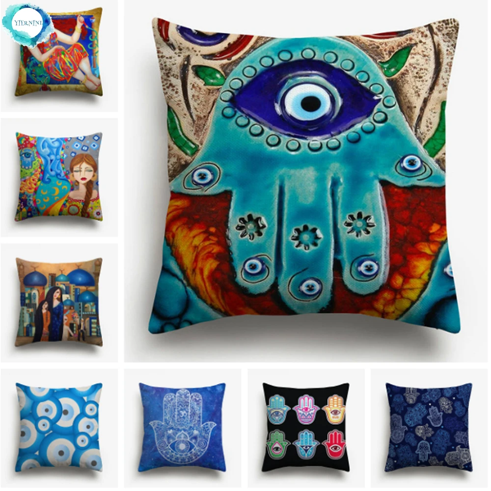 Watercolor Painting Turkish Evil Eye Cushion Cover Arabian Girl Portrait Polyester Cotton Linen Pillow Case Sofa Home Decor