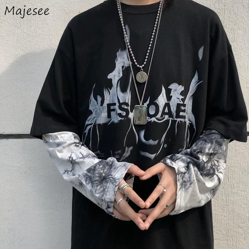 Men Long Sleeve T-shirts O-neck Fake 2 Piece Tie-dye Loose Big Size 2XL Streetwear Hip Hop All-match Couple Daily Students New