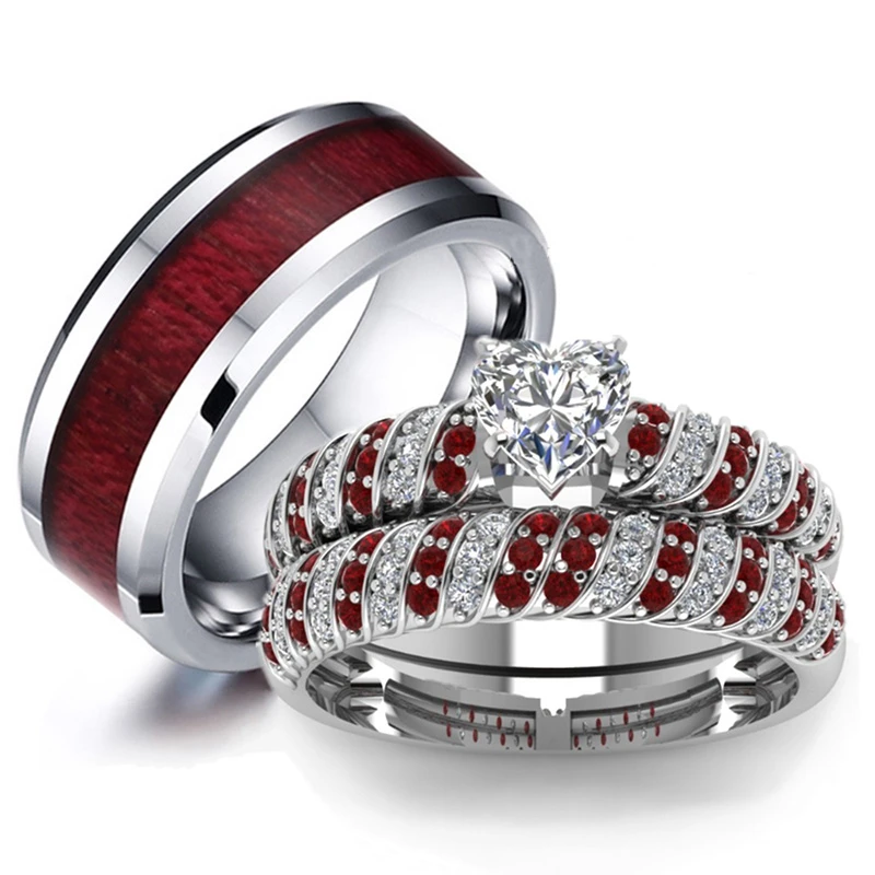Carofeez Couple Rings Fashion Men's Red Wood Stainless Steel Ring Women's Zircon Heart Ring Set Engagement Wedding Bands Gift
