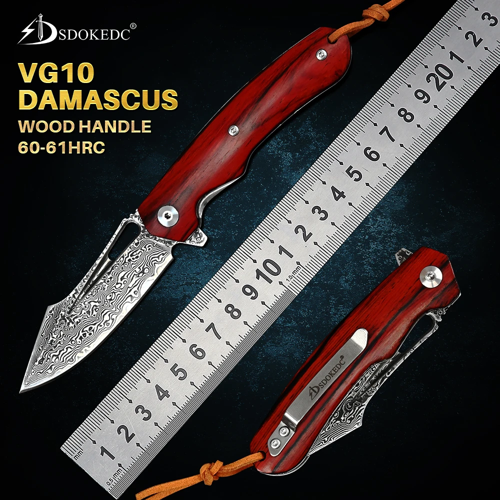 SDOKEDC Knives VG10 Damascus Ball Bearing Hunting Folding Blade Knife Tactical Military Outdoor Survival Edc Wood Pocket Knifes