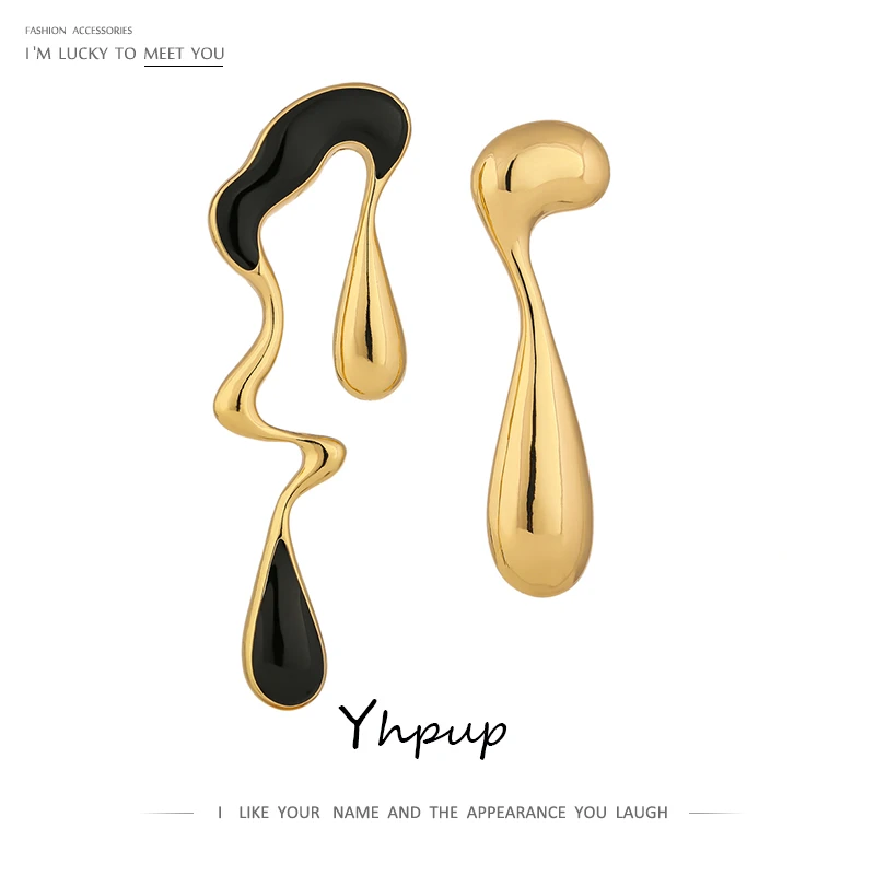 Yhpup Golden Asymmetric Earrings Black Enamel Zinc Alloy Fashion Charm Women Metal Earrings Party Brincos oorbellen voor vrouwen