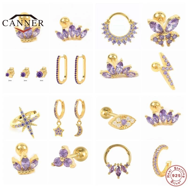 CANNER Fine Jewelry 925 Sterling Silver Purple Zircon Crystal Stud Earrings Women Small Exquisite Piercing Earring Accessories