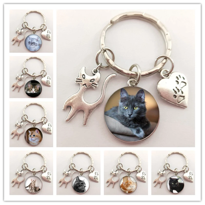 Pendant animal jewelry keychain car keychain keychain glass dome convex round pet cat cartoon art jewelry gift