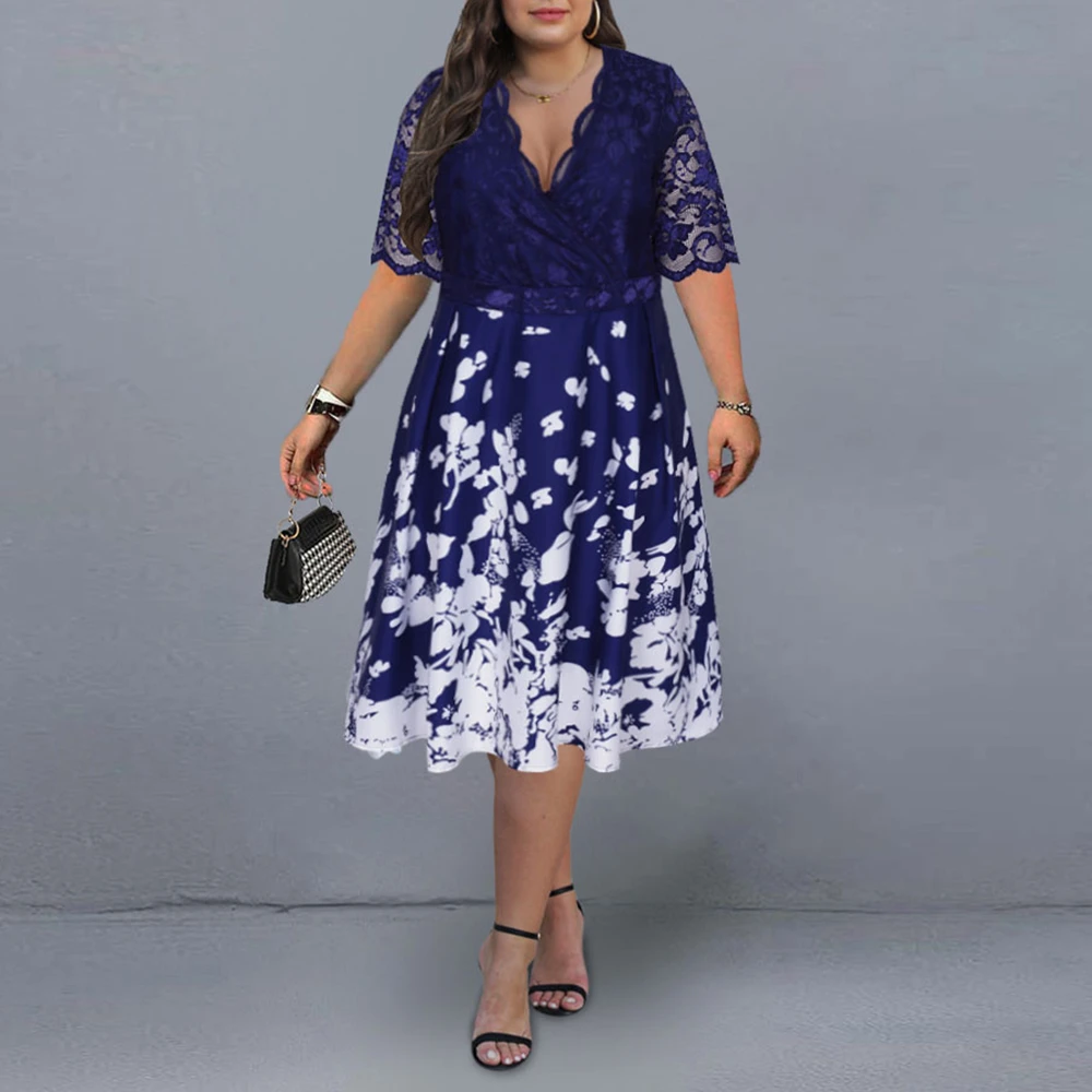 Women's Clothing Summer Dress Evening Party Dresses 2021 Fashion Patchwork Flower Elegant Casual Dress Blue Lace Club Outfits