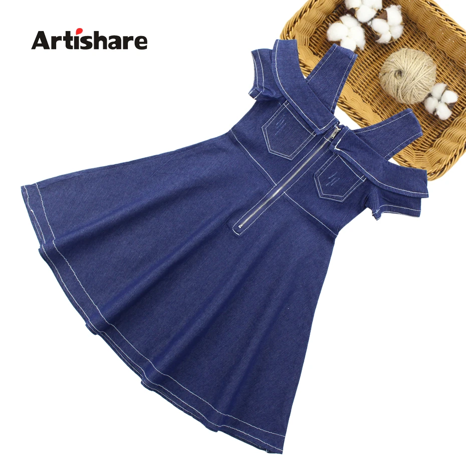 2020 Girls Summer Dress Off Shouder Denim Dress For Girls Newest Jeans Party Dress Girls Teenage Kids Girls Clothes 6 8 10 12 14