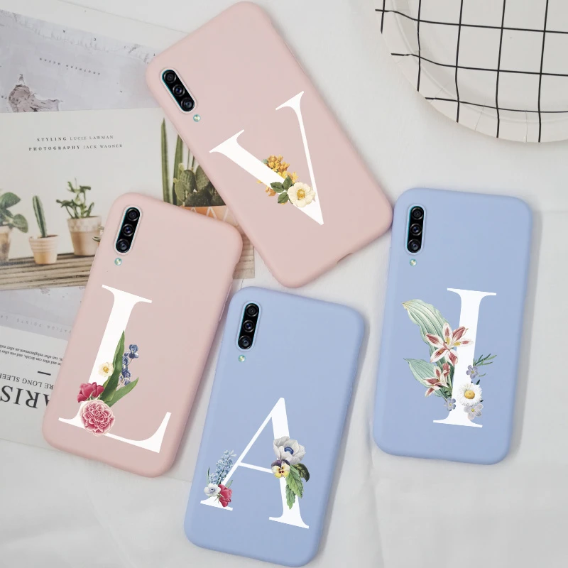 For Samsung Galaxy A50 A40 A70 Case Back Cover Silicone Flower Letter For Samsung A 50 40 A 70 Case Bumper Matte For SamsungA50