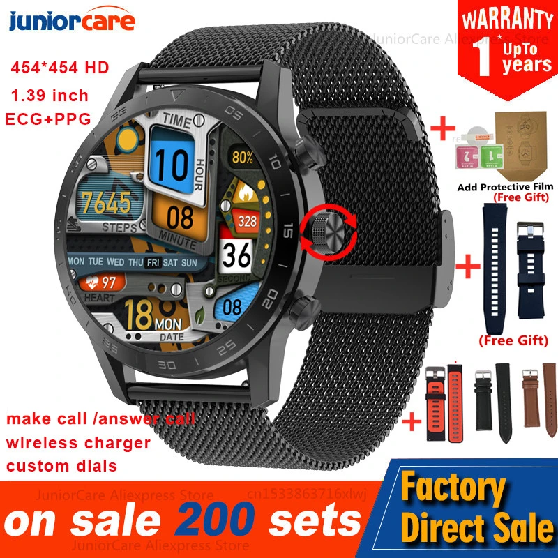 454*454 HD Screen KK70 Smart Watch Men Make/Answert Call Wireless Charger Rotary Button IP68 Waterproof Music Play Smartwatch