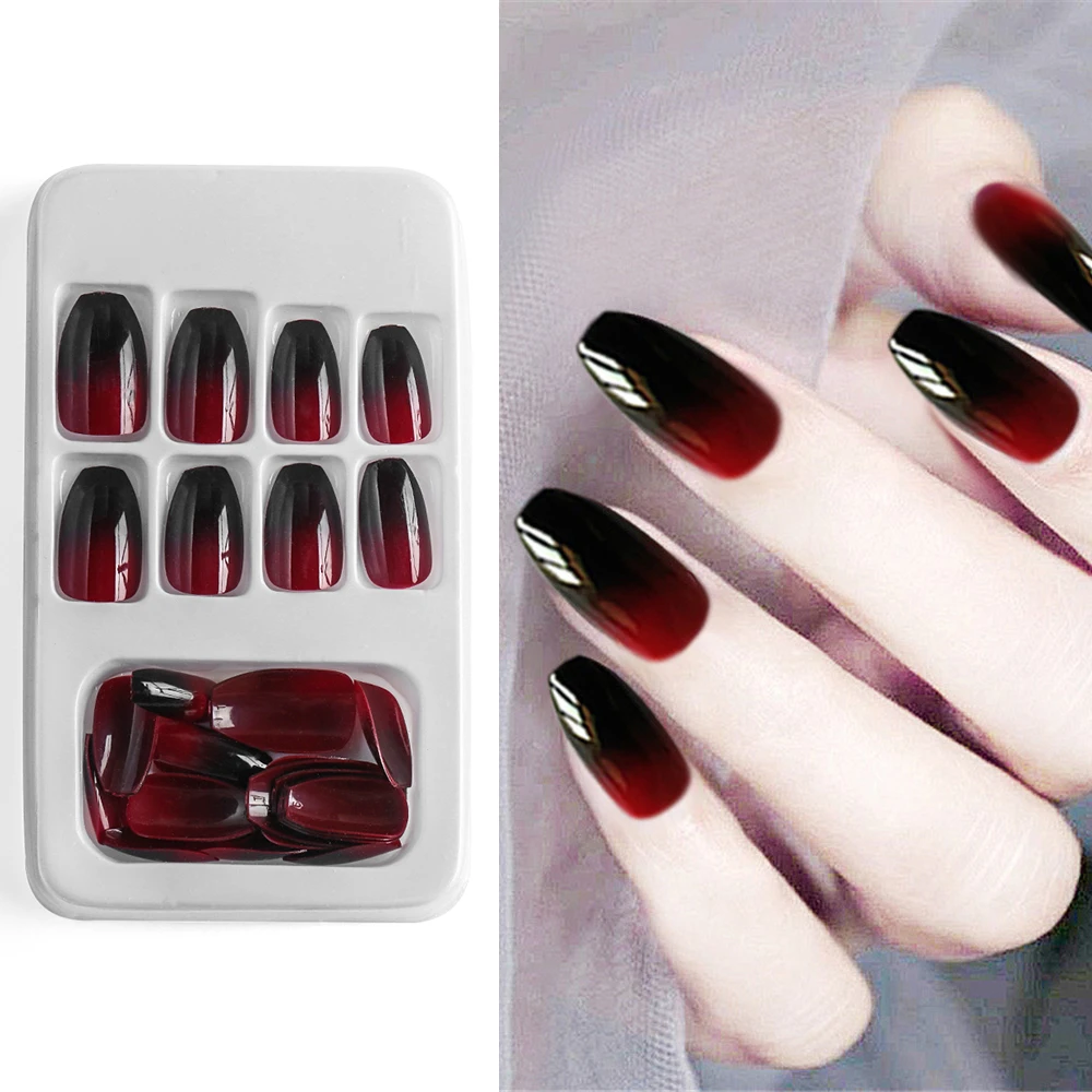24Pcs/Set European Long Coffin Fake Nails Pre-design Black Red Gradient Ballerina Artificial Nail Art Tips False Nails with Glue