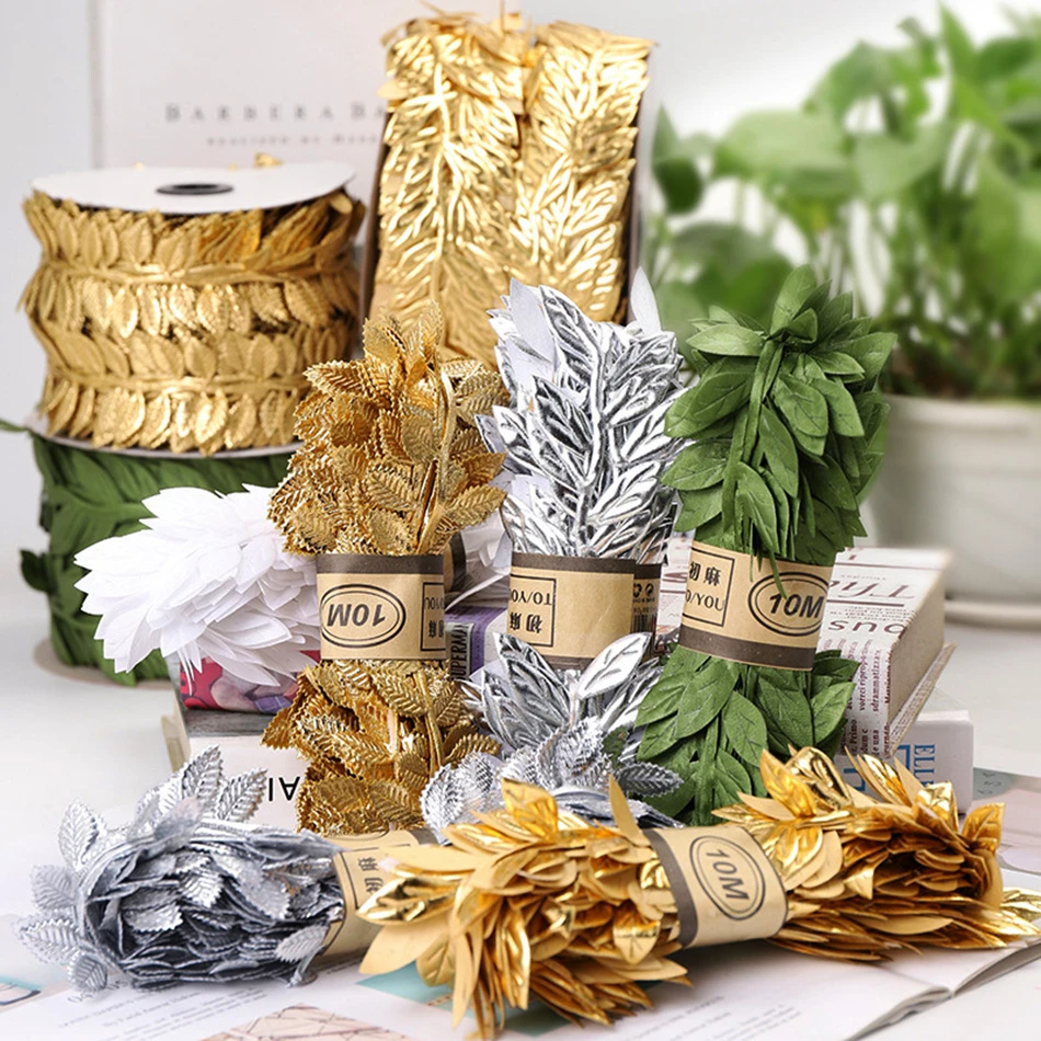 10M/Roll Printed Ribbons for Crafts Gift Wrap Bows Golden Ribbon for Home Party Wedding Decorative Handmade DIY Tree Leaf Ribbon