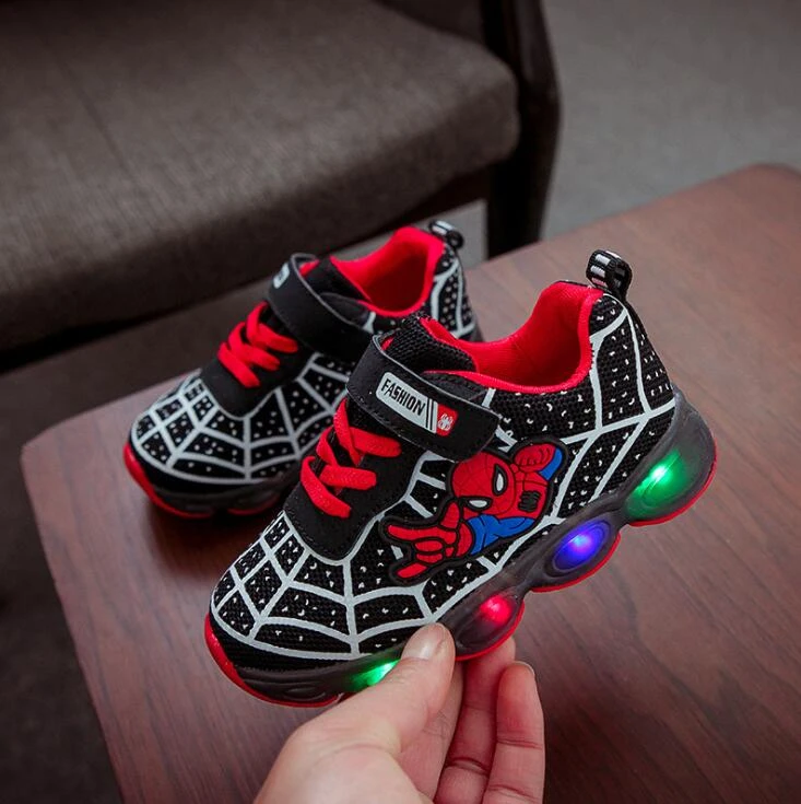 Disney Cartoon Boys Spiderman Shoes Child Luminous Sneakers Brand Mesh footwear Kids LED Flashing Shoes Baby Casual Shoe