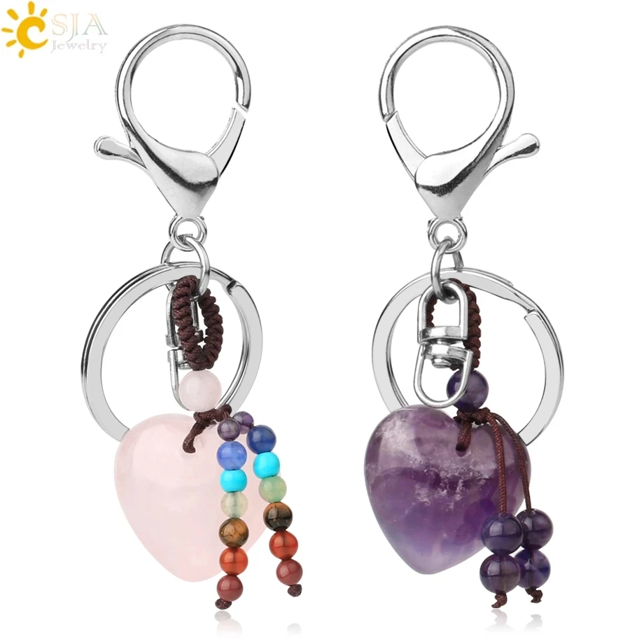 CSJA Heart Natural Crystal Keychains 7 Chakra Healing Stone Pink Quartz Tiger Eye Keyring Silver Color Car Key Holder Decor G554