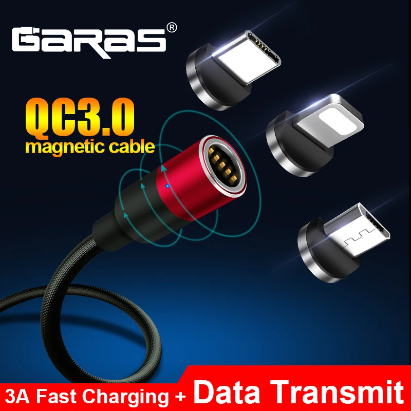 GARAS Magnetic USB Cable Adroid  Micro USB&Type C 3A Fast Charging Charger Data Cable QC3.0 Quick Charge Magnet Charger Cable