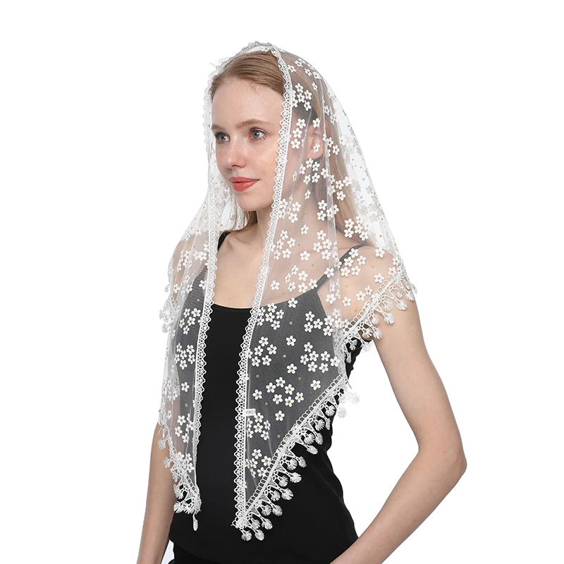 Women Triangle Scarf for Church Prayer Shawl Embroidered Lace Veil Floral Headcovering Tassel Veils Mantillas for the Church's