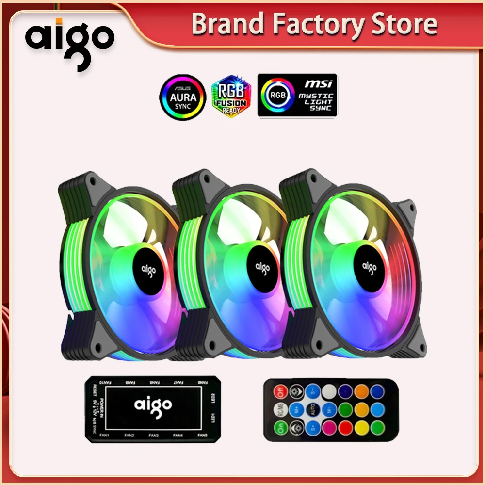 Aigo AR12 120mm Cooling Fan RGB Heat dissipation 3pin 5v aura sync 12cm pc computer Cooler argb Silent Case Fan with Controller