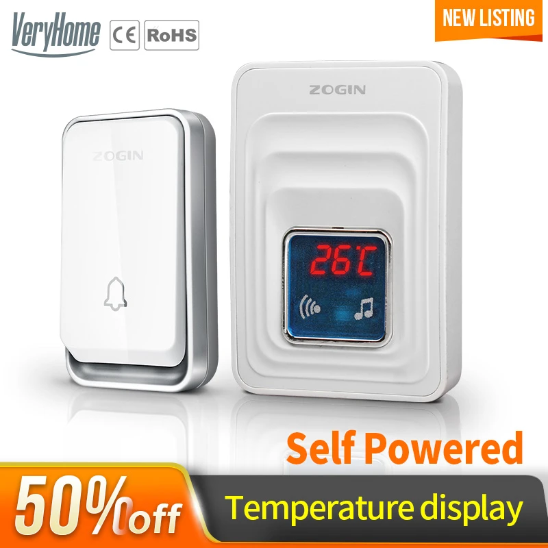 VeryHome self-generating waterproof wireless doorbell receiver battery button EU plug home doorbell Temperature display