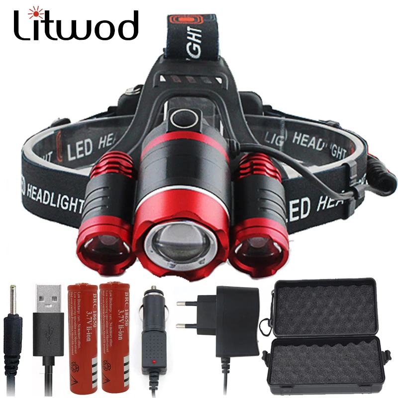 Powerful 3 led Headlamp XM T6 Zoomable Rechargeable Head Lamp Flashlight Waterproof headlight Fishing lantern Russian Warehouse