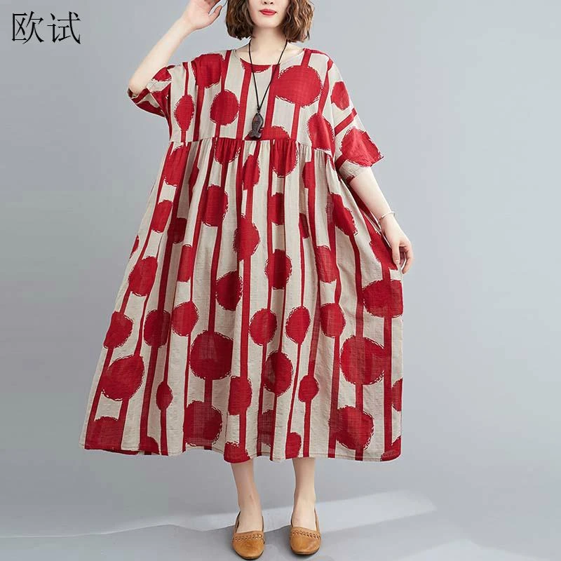 Oversized Vintage Polka Dot Summer Dress Cotton Casual Ladies Dresses for Women New Fashion Robe Femme Red Long Dress 2021