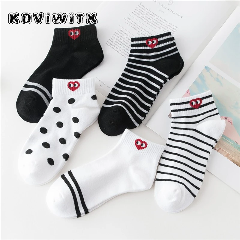 fashion white Women 3D Heart socks Dots stripes Cotton crew Kawaii Winter Big Eyes Black stripe sock happy Solid love sox Sokken