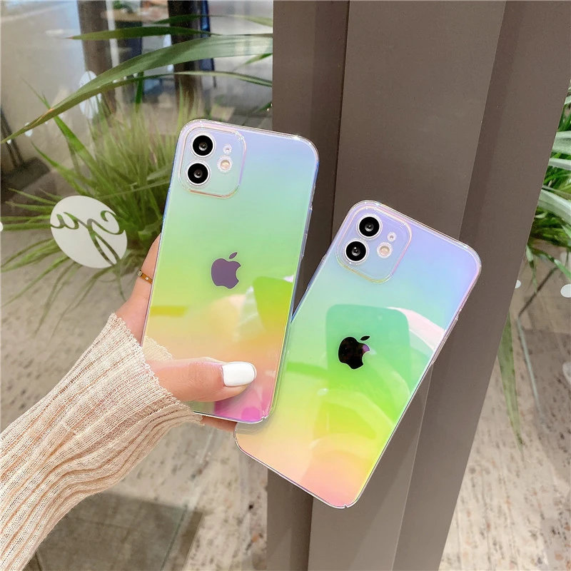 Rainbow Gradient Laser Phone Case For iPhone 13 12 11 Pro Max X XR XS Max 7 8 Plus Mini SE Transparent Aurora Hard PC Back Cover