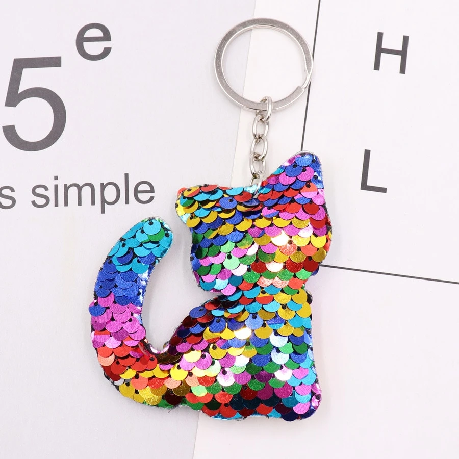 1PCS Cute Cat Keychain Glitter Pompon Sequins Key Ring Gifts Women Decorative Charms Car Bag Accessories Key Chain