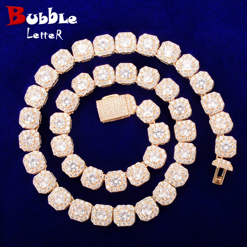 9mm Square Clustered Tennis Chain Necklace Men's Hip Hop Link Finish Zirconia Copper Gold Color Fashion Rock Jewelry