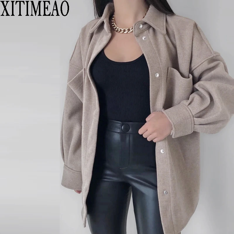 ZA 2021 New Autumn Winter Fashion Woolen Coat Women Loose Shirt Coat Casual Solid Ladies coat Solid Lapel Jacket