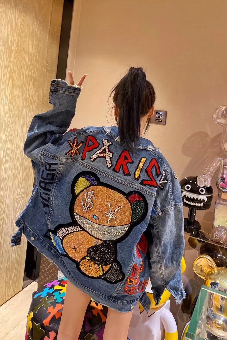 Jacket denim jacket new hot diamond heavy industry bear coat fashion coat