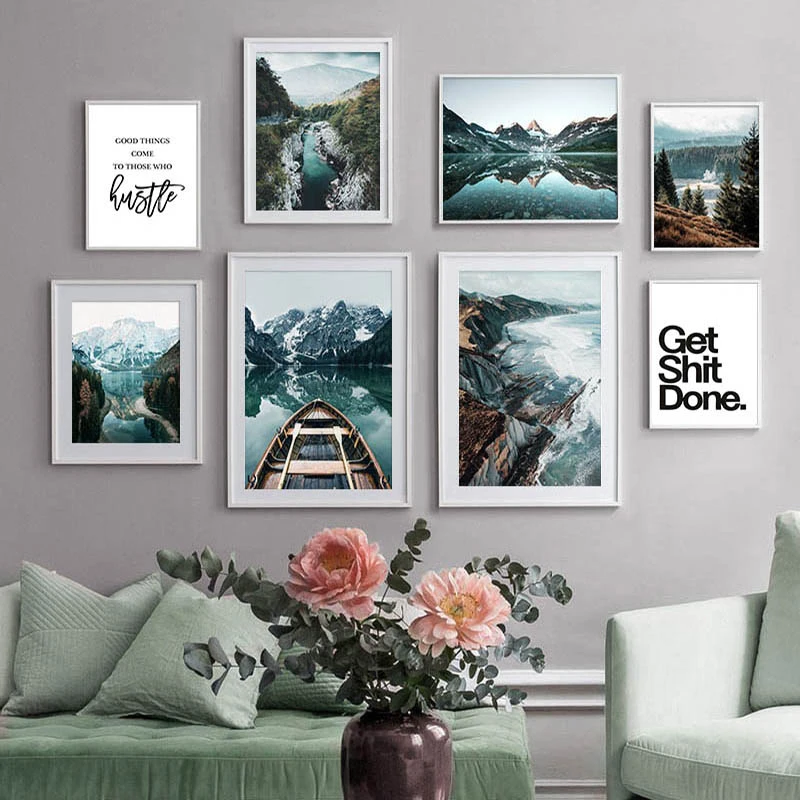 Nature Scenery Poster Wall Art Canvas Painting Scandinavian Mountain Lake Quote Picture Home Decor Print for Living Room Design