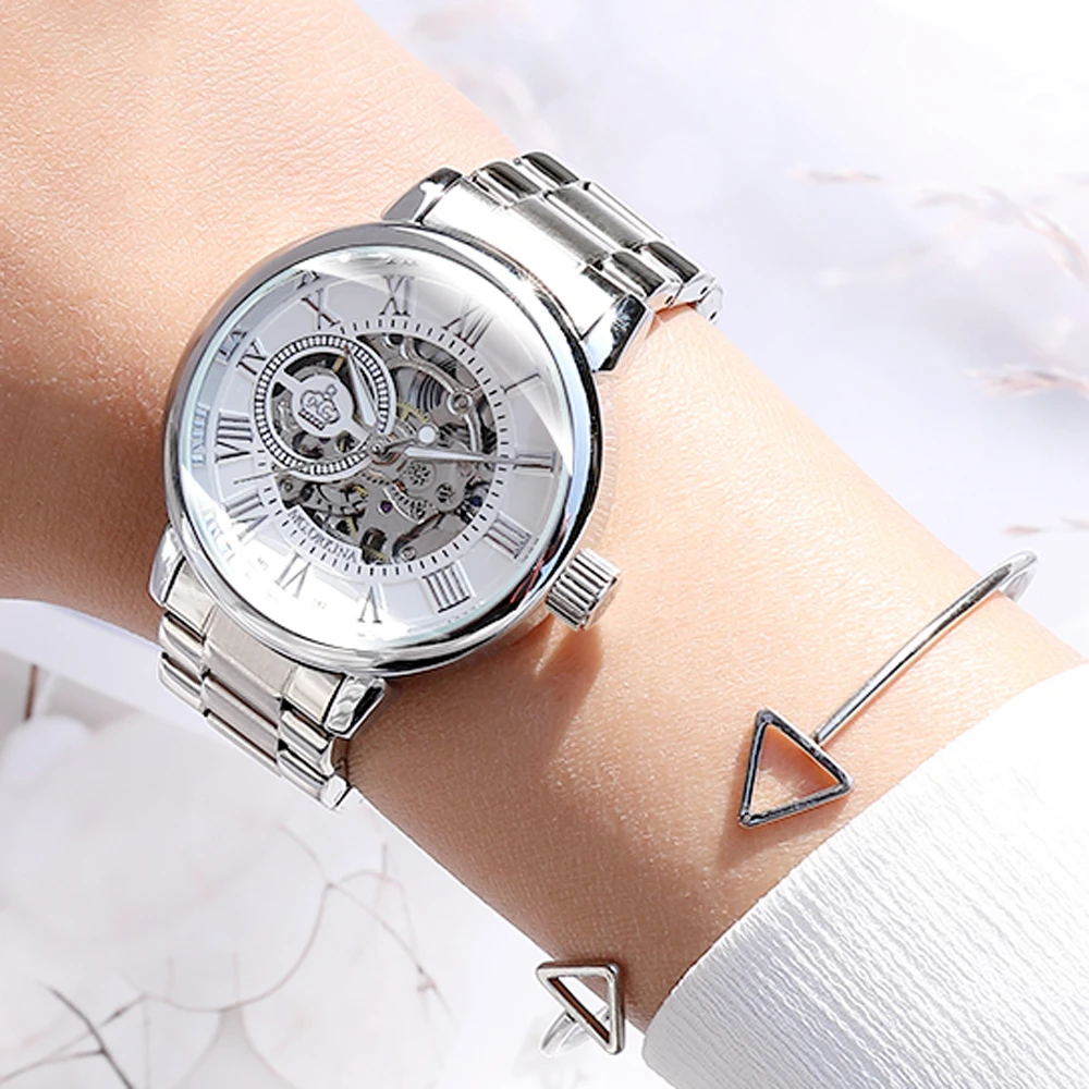 New Fashion Luxury Brand Skeleton Women Mechanical Watch Female Clock Automatic Mechanical Watches For Women Silver Montre Femme