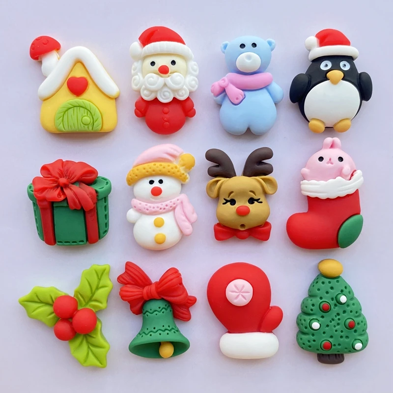 12Pcs New Cute Christmas Series Flat Back Cabochon Scrapbooking Hair Bow Center Embellishments DIY Accessories F85