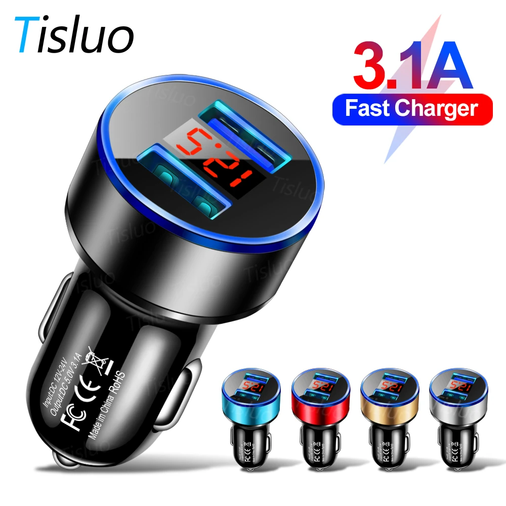 3.1A Dual USB Car Charger With LED Display Universal Mobile Phone Car-Charger for Xiaomi Samsung S8 iPhone 6s 7 8 Plus 11 Tablet