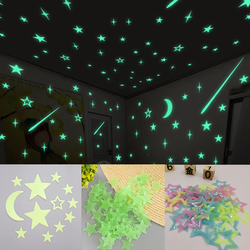 3D Star and Moon Energy Storage Fluorescent Glow In the dark Luminous on Wall Stickers for Kids Room living room Decal