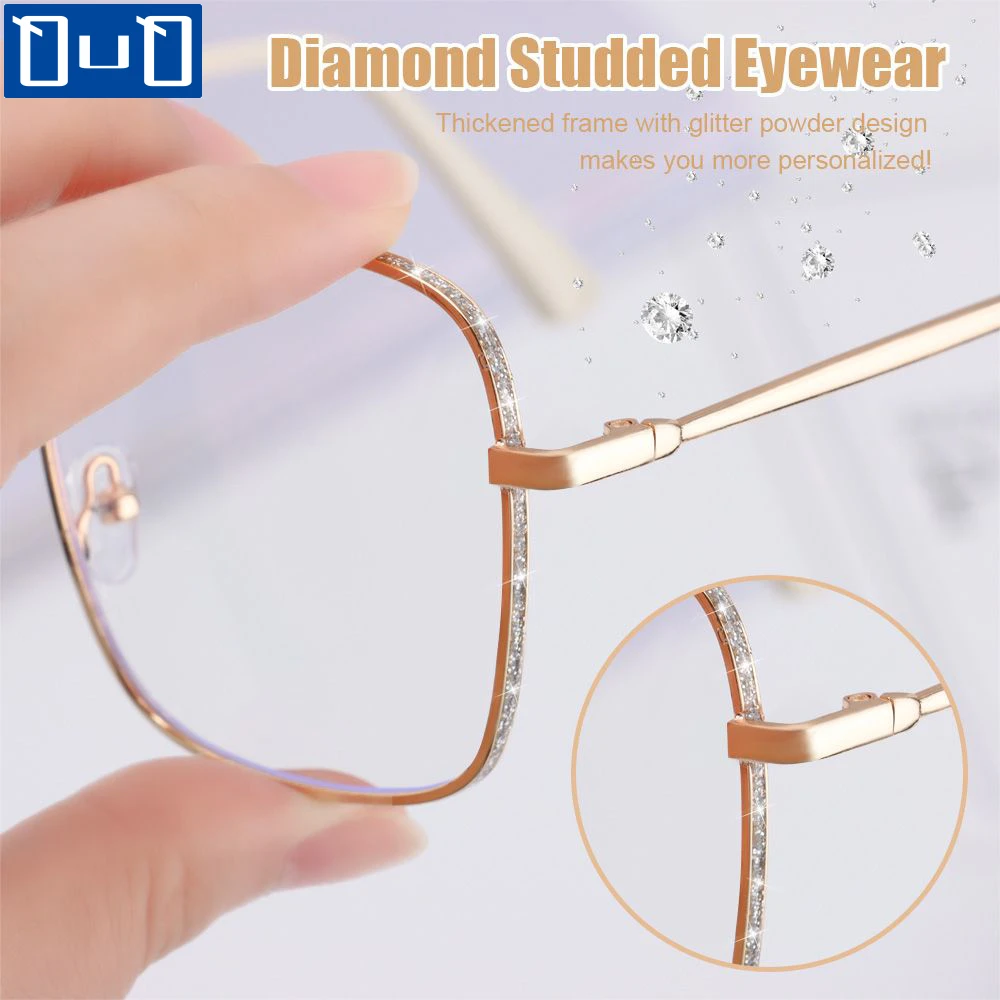 Qutzzmnd Anti Blue Light Glasses Men Women Diamond Studded Oversized Square Eyeglasses Luxury Computer Goggles Eyewear