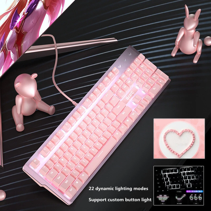 New girly pink gaming mechanical wired keyboard 104-key USB interface white backlight is suitable for gamers PC laptops