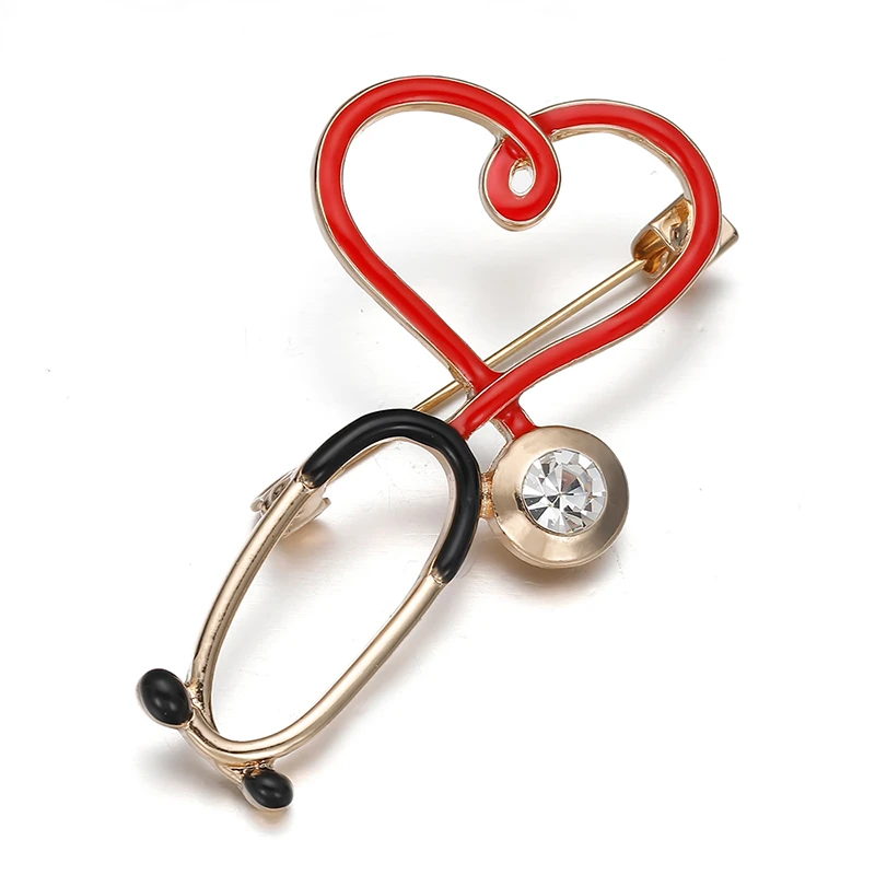 Love Heart Stethoscope Shape Brooches For Women Men Doctor Shiny Crystal Enamel Pins Nusr Medical Brooch Collar Clip Badge Pins