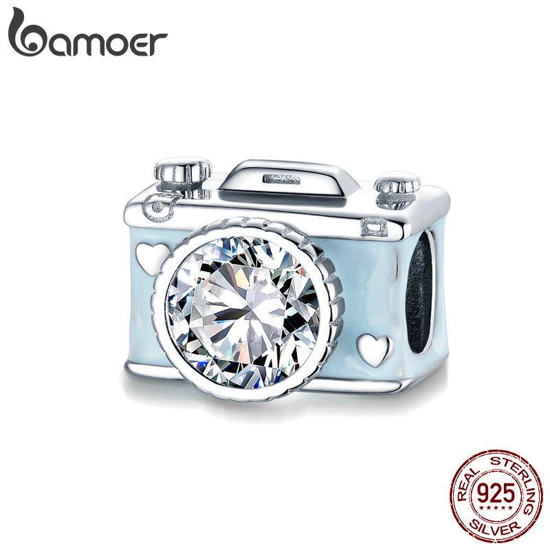 bamoer 2021 Summer 925 Sterling Silver Enamel Charm for Original Bracelet Blue Camera Metal Bead for Women Jewelry Making BSC264